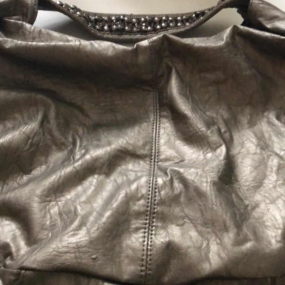 Gray pewter leather sequin tote.